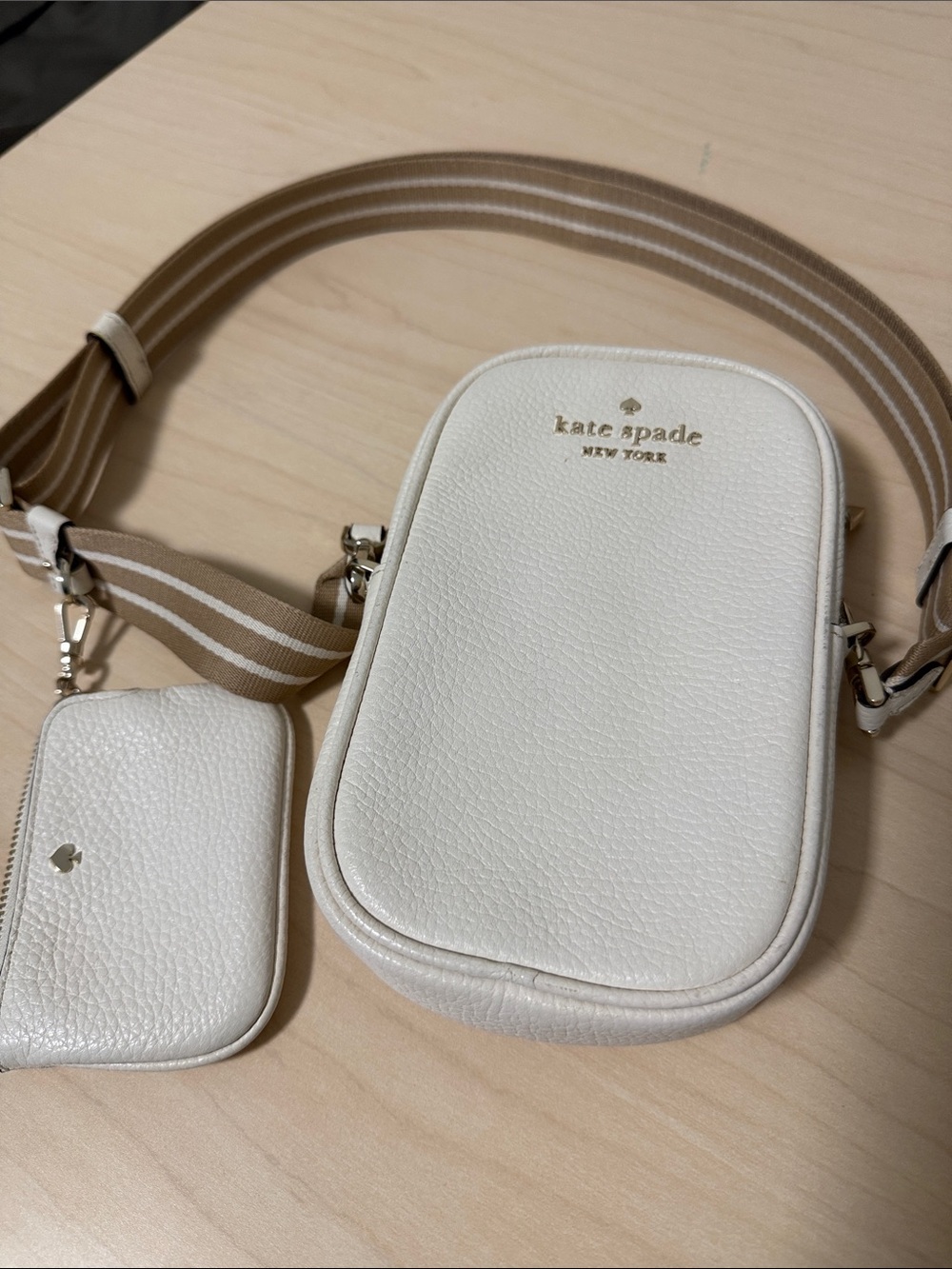 kate spade Cream Pebbled Leather Crossbody with Striped Tan Strap